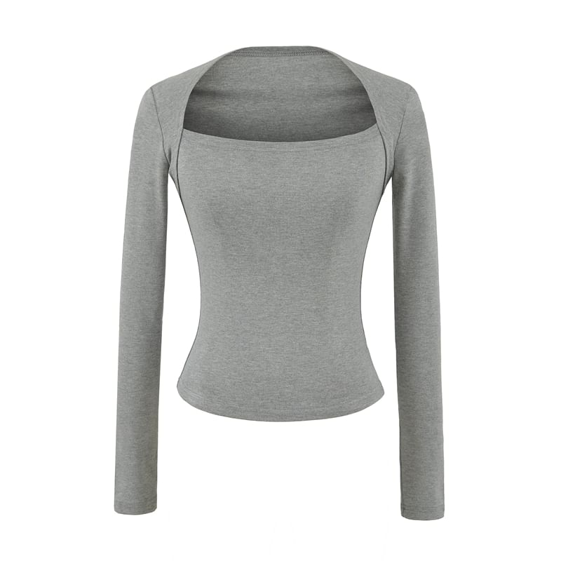 Plain Crop Tee with Square Neck and Long Sleeves