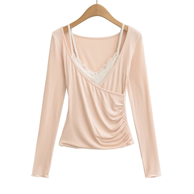 Set: Lace Camisole Top + Long-Sleeve Plain V-Neck Wrap Tee