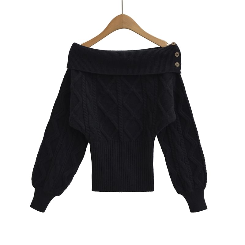 Cable-Knit Plain Sweater with Off-Shoulder Design