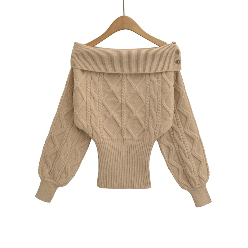 Cable-Knit Plain Sweater with Off-Shoulder Design
