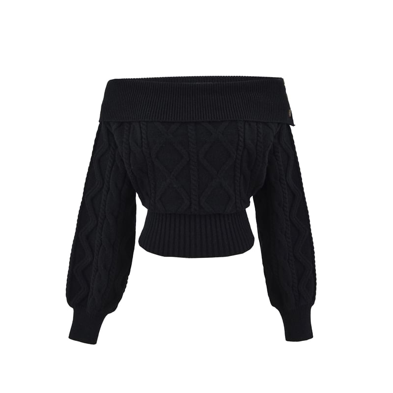 Cable-Knit Plain Sweater with Off-Shoulder Design