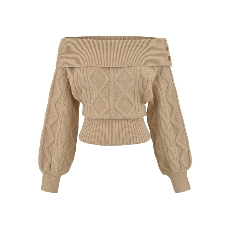 Cable-Knit Plain Sweater with Off-Shoulder Design