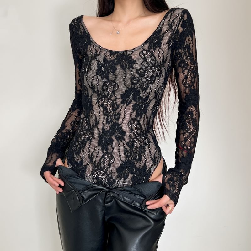 Lace Bodysuit Top with Scoop Neck and Long Sleeves