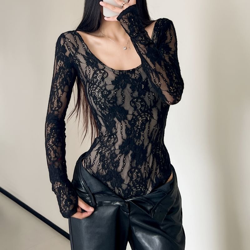 Lace Bodysuit Top with Scoop Neck and Long Sleeves