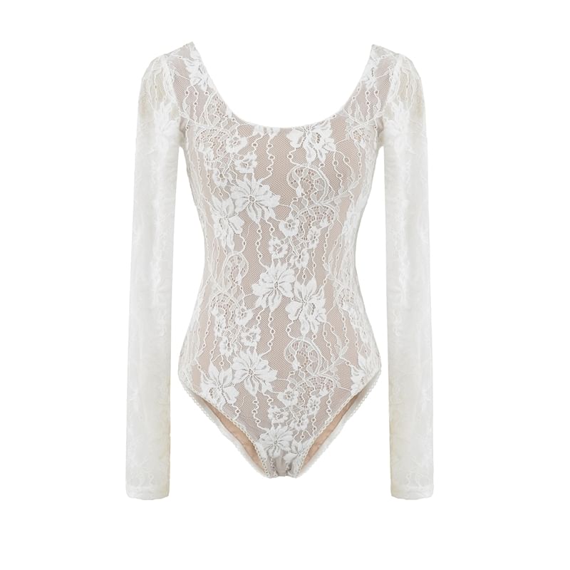 Lace Bodysuit Top with Scoop Neck and Long Sleeves