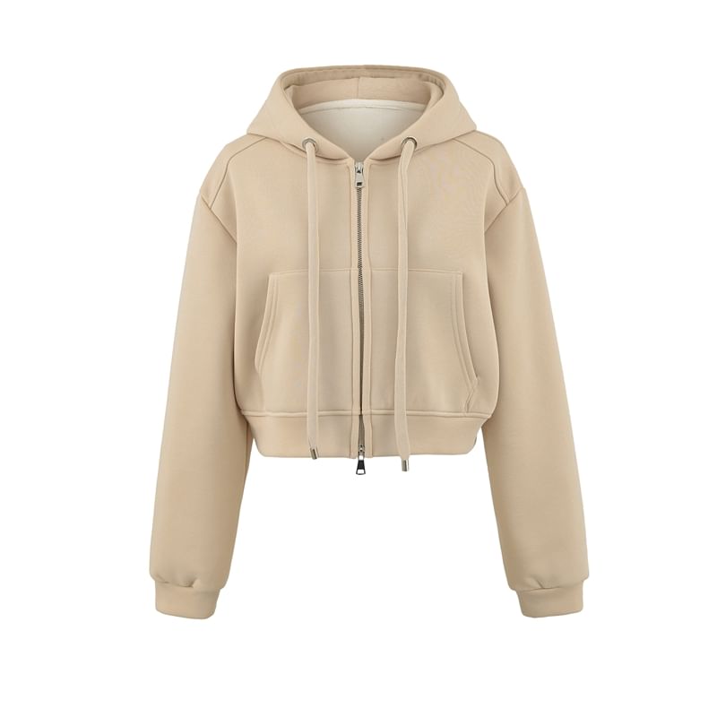 Plain Crop Zip Hoodie with Drop Shoulder Design