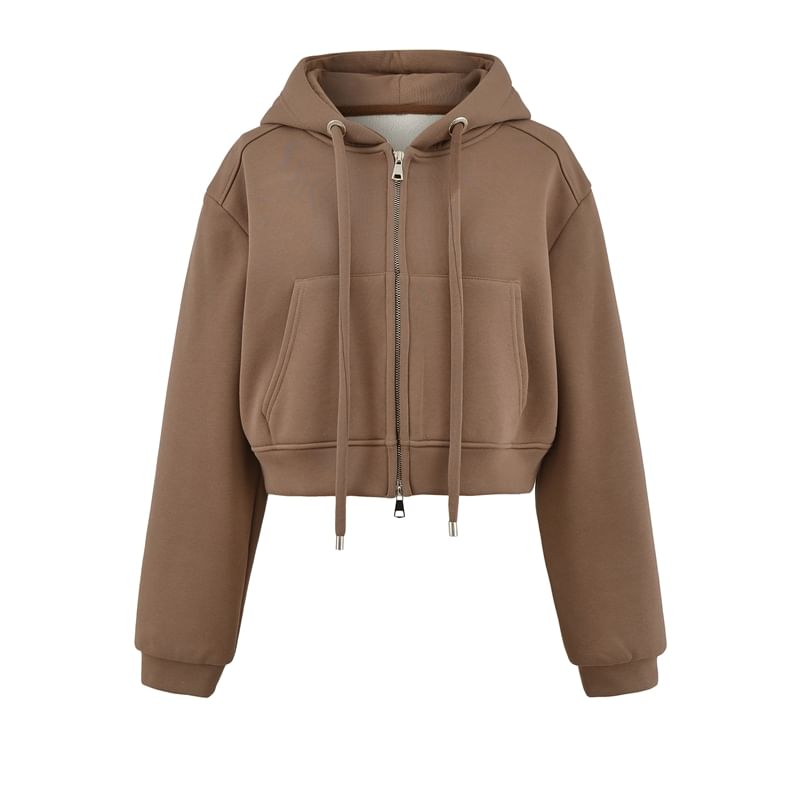 Plain Crop Zip Hoodie with Drop Shoulder Design