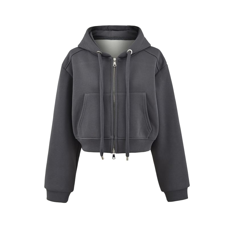 Plain Crop Zip Hoodie with Drop Shoulder Design