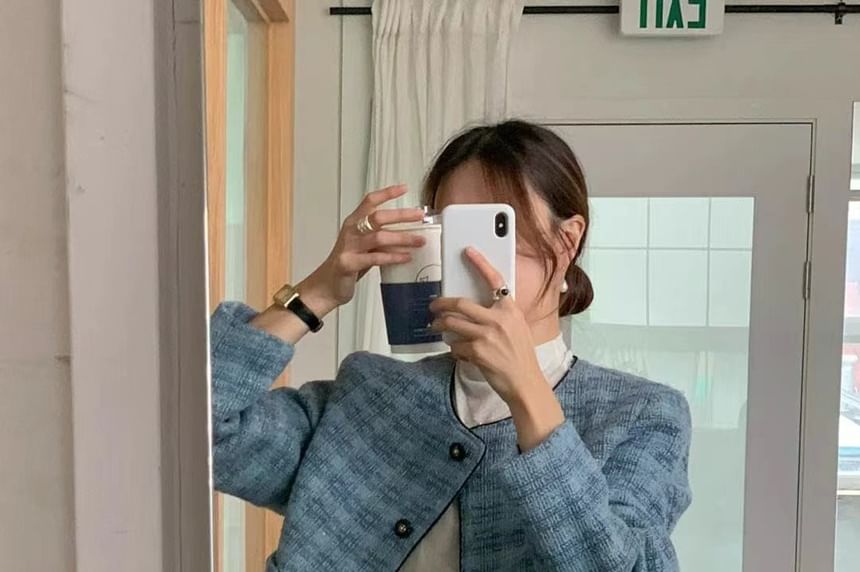 Crew Neck Button-Up Tweed Crop Jacket