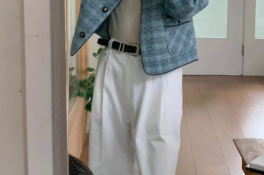 Crew Neck Button-Up Tweed Crop Jacket