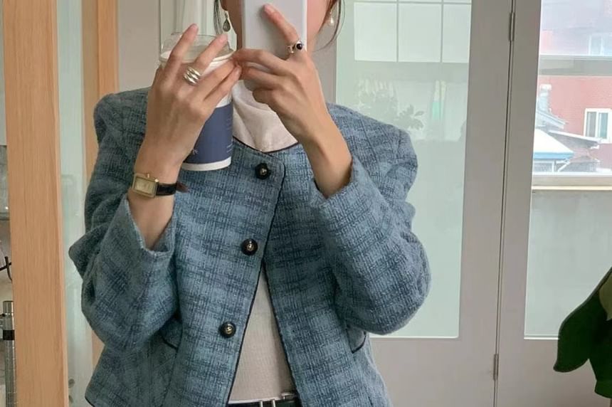 Crew Neck Button-Up Tweed Crop Jacket