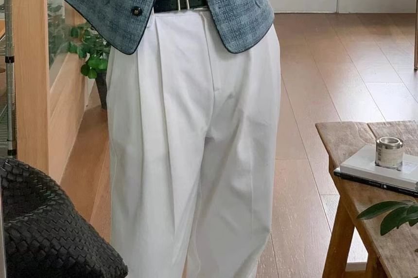 Crew Neck Button-Up Tweed Crop Jacket