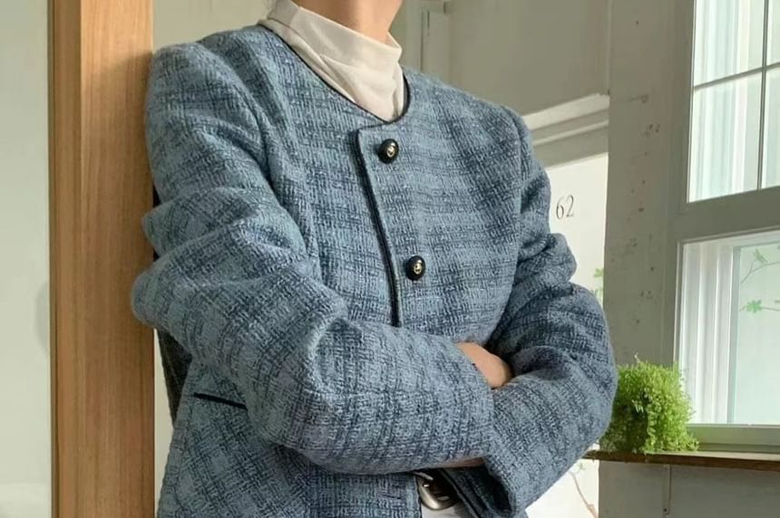 Crew Neck Button-Up Tweed Crop Jacket