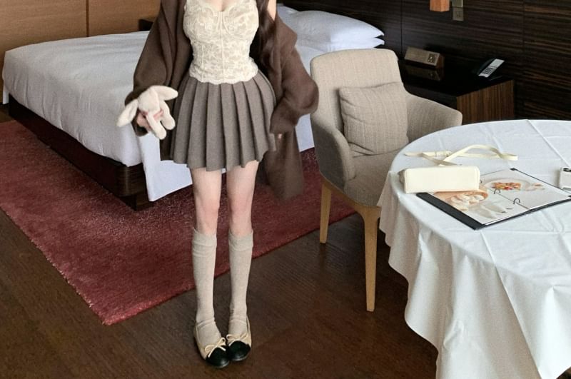 Hooded Plain Cardigan / High Waist Mini Pleated Skirt / Sleeveless Lace Crop Top