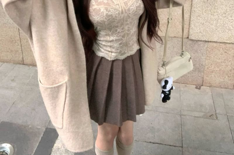 Hooded Plain Cardigan / High Waist Mini Pleated Skirt / Sleeveless Lace Crop Top