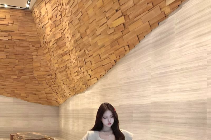 Hooded Plain Cardigan / High Waist Mini Pleated Skirt / Sleeveless Lace Crop Top