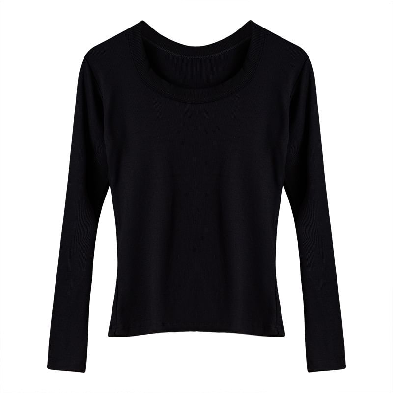 Plain Ribbed Underwear T-Shirt with Round Neck and Long Sleeves