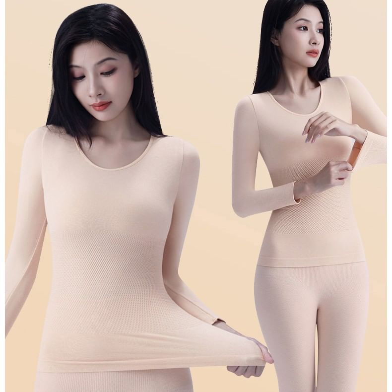 Set: Long-Sleeve Plain Crew Neck Underwear Tee + Leggings