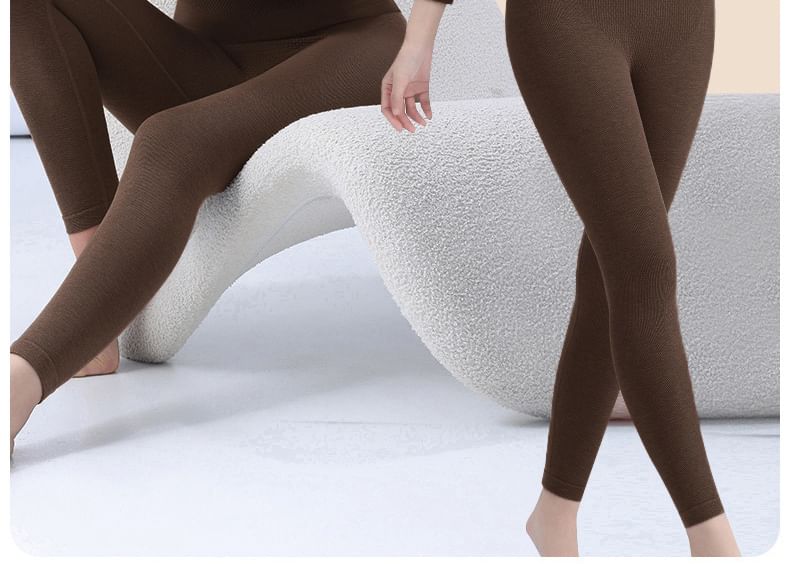 Set: Long-Sleeve Plain Crew Neck Underwear Tee + Leggings