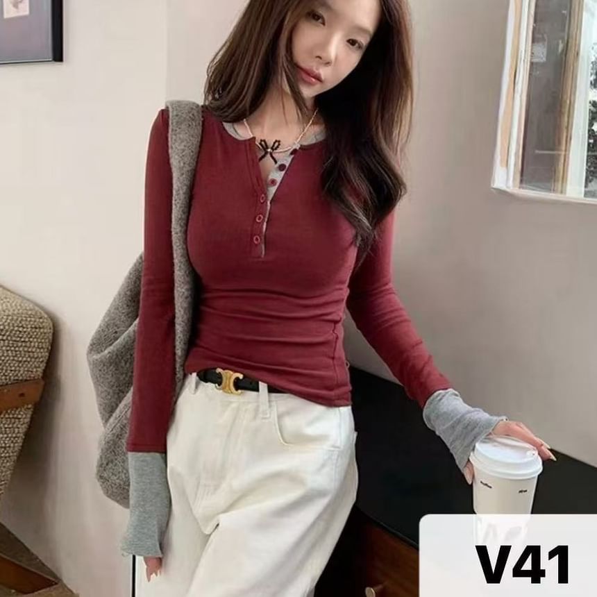 Long Sleeve Two-Tone Henley Tee