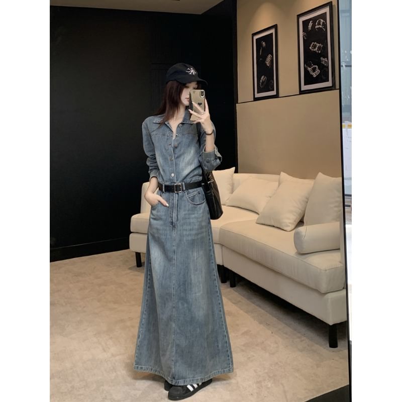 Long-Sleeve Collar Button Denim Maxi A-Line Dress