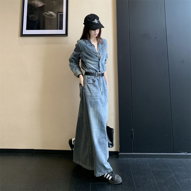 Long-Sleeve Collar Button Denim Maxi A-Line Dress