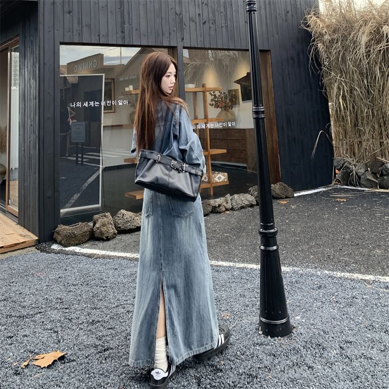Long-Sleeve Collar Button Denim Maxi A-Line Dress