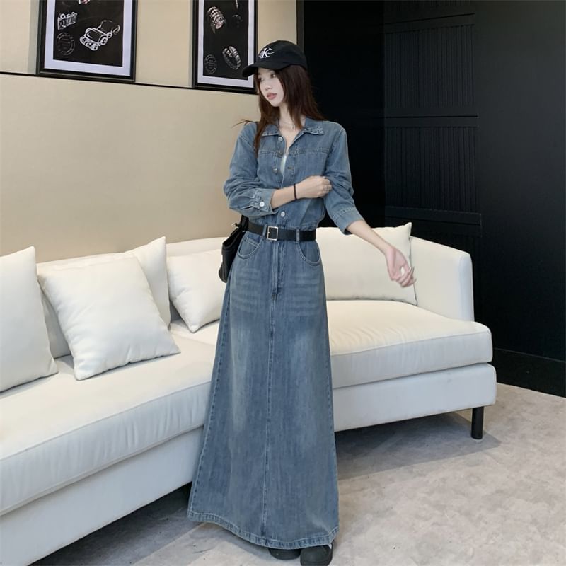 Long-Sleeve Collar Button Denim Maxi A-Line Dress