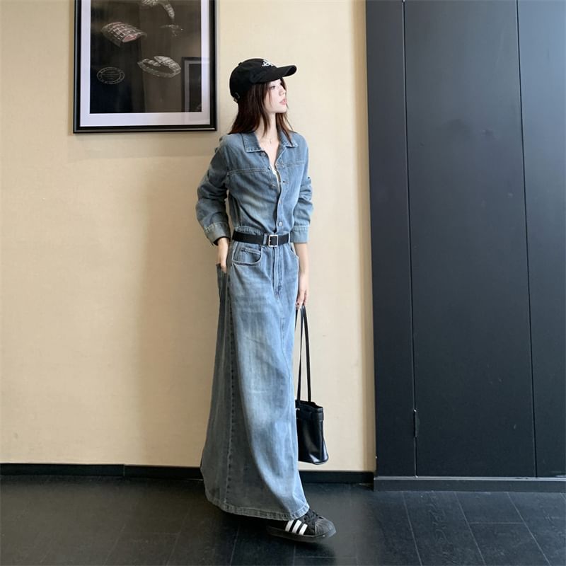 Long-Sleeve Collar Button Denim Maxi A-Line Dress