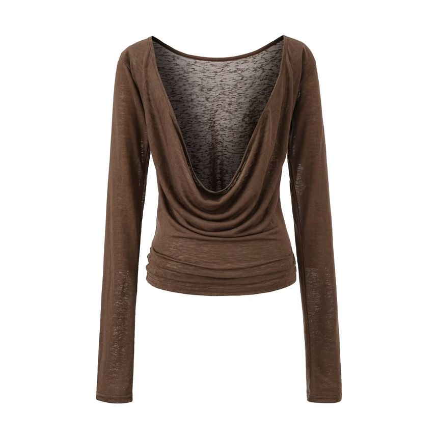 Long Sleeve Deep Plunge Cowl Neck Plain Blouse