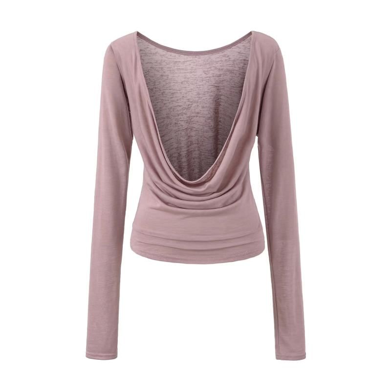 Long Sleeve Deep Plunge Cowl Neck Plain Blouse