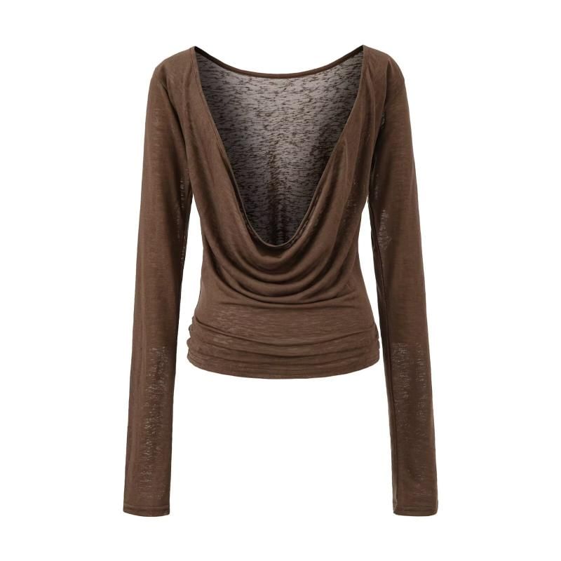 Long Sleeve Deep Plunge Cowl Neck Plain Blouse