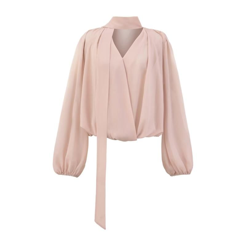 Long Sleeve V-Neckline Plain Sash-Tie Blouse