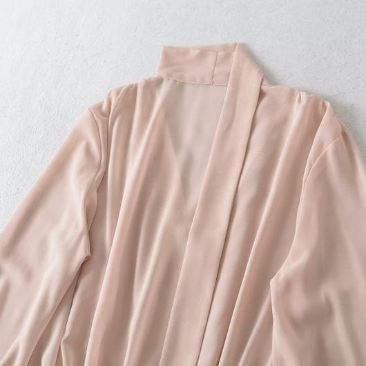 Long Sleeve V-Neckline Plain Sash-Tie Blouse
