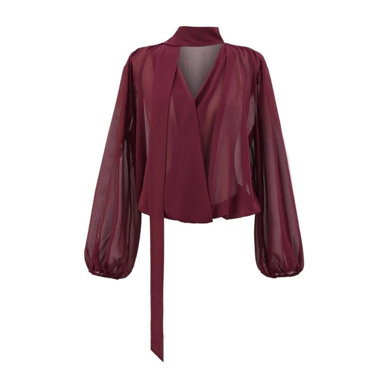 Long Sleeve V-Neckline Plain Sash-Tie Blouse