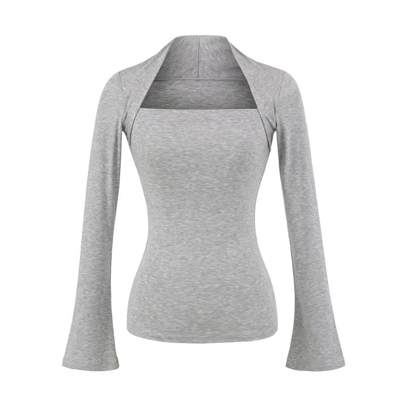 Long Sleeve Queen Anne Neckline Plain Blouse