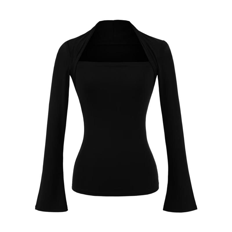 Long Sleeve Queen Anne Neckline Plain Blouse