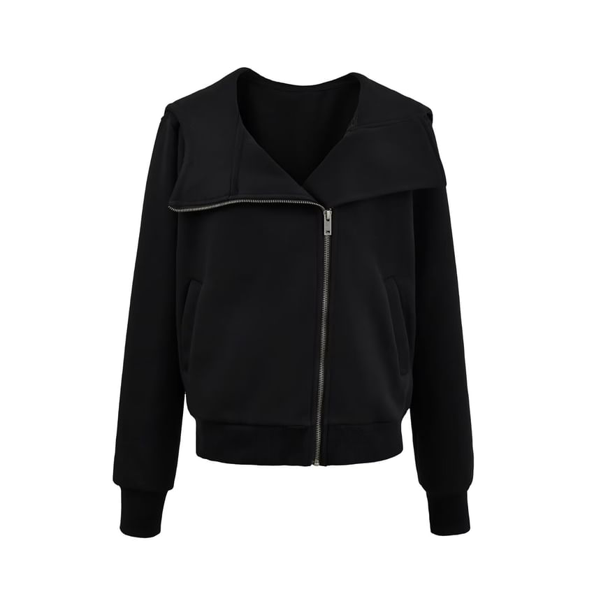Stand Collar Plain Zip-Up Hooded Sweatshirt
