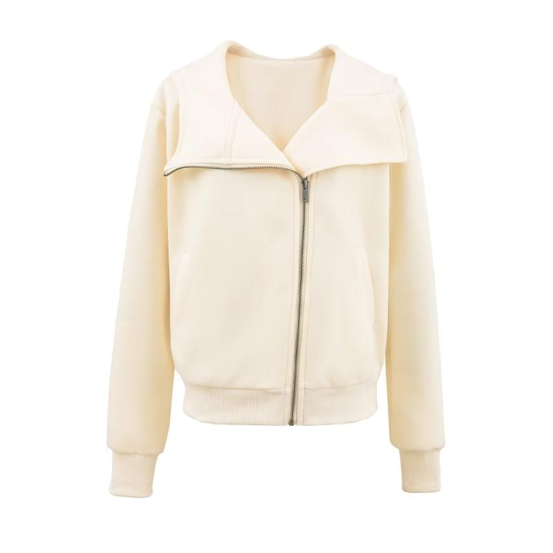 Stand Collar Plain Zip-Up Hooded Sweatshirt