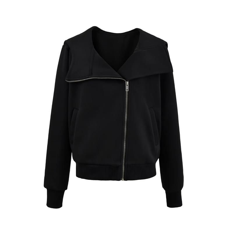Stand Collar Plain Zip-Up Hooded Sweatshirt