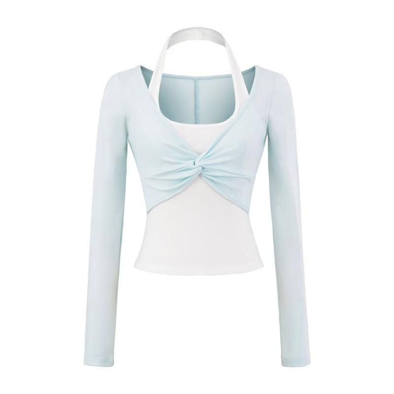 Long Sleeve Halter Illusion Layered Ruched Top