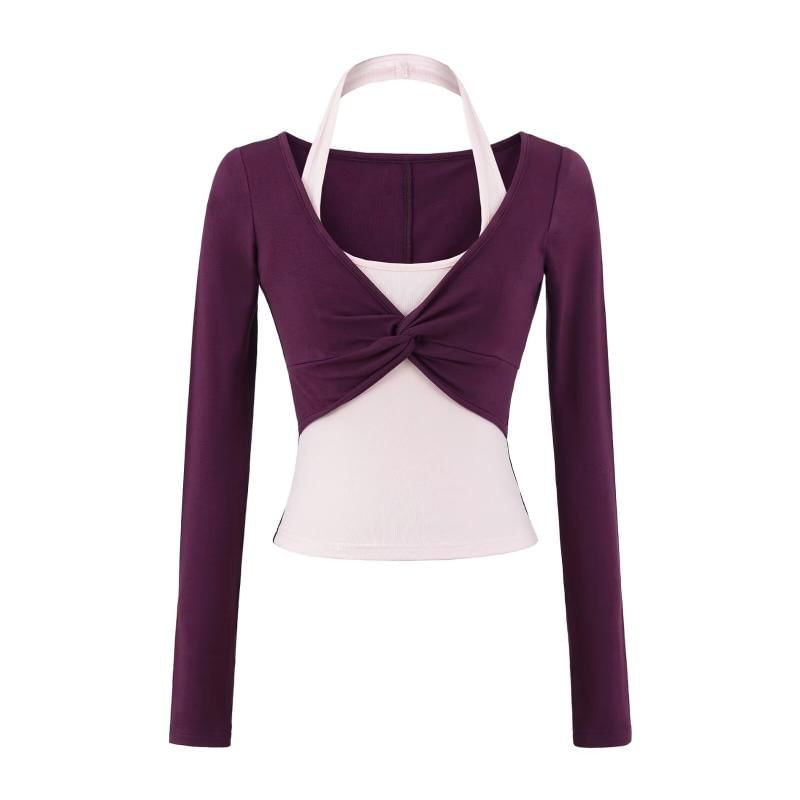 Long Sleeve Halter Illusion Layered Ruched Top