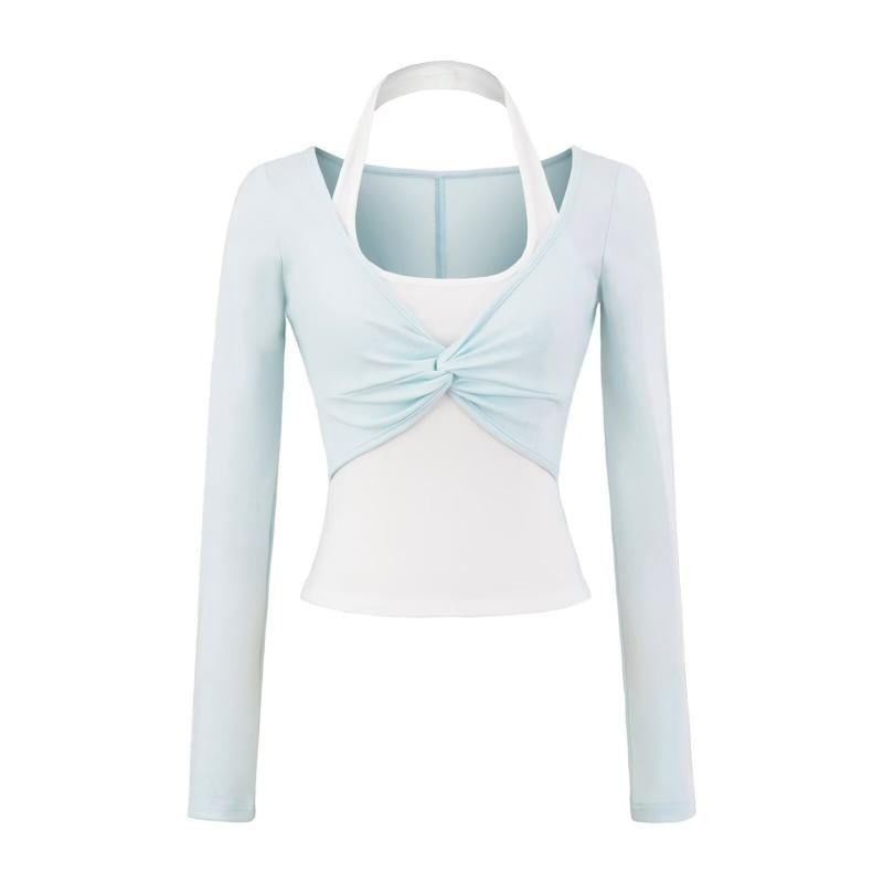 Long Sleeve Halter Illusion Layered Ruched Top