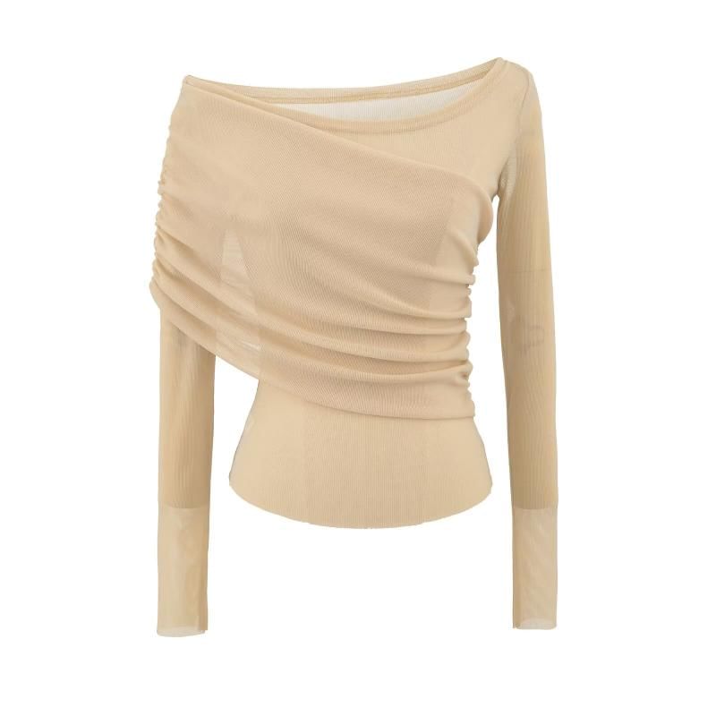 Long Sleeve One Shoulder Plain Ruched Panel Blouse