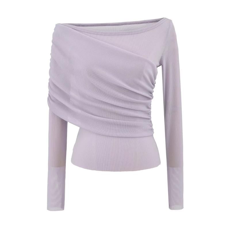 Long Sleeve One Shoulder Plain Ruched Panel Blouse