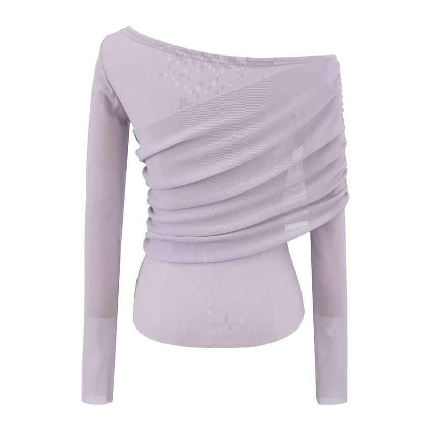 Long Sleeve One Shoulder Plain Ruched Panel Blouse
