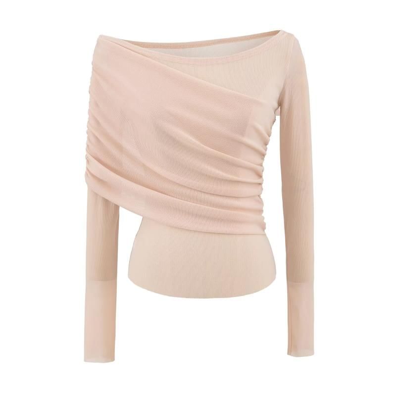 Long Sleeve One Shoulder Plain Ruched Panel Blouse