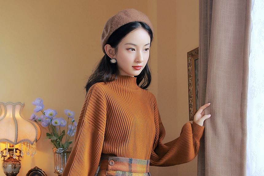 Mock Neck Plain Ribbed Sweater & High Rise Plaid Midi A-Line Skirt Set