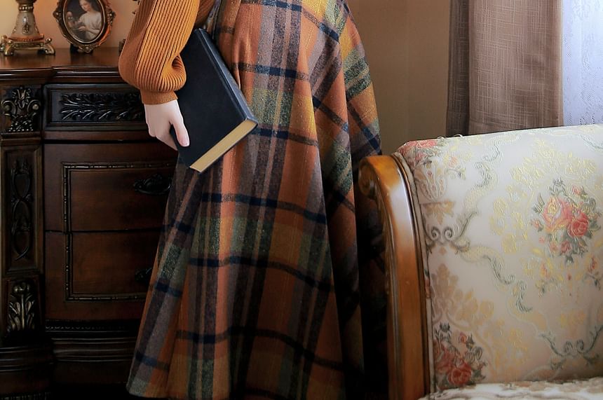 Mock Neck Plain Ribbed Sweater & High Rise Plaid Midi A-Line Skirt Set