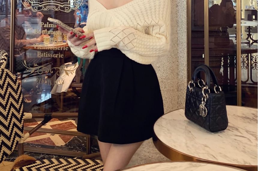 Off Shoulder Plain Pointelle Sweater & High Waist Plain Mini A-Line Skirt
